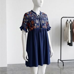 Solitaire Womens S Navy Blue Boho Embroidered Babydoll Mini Dress Tassel Ruffle